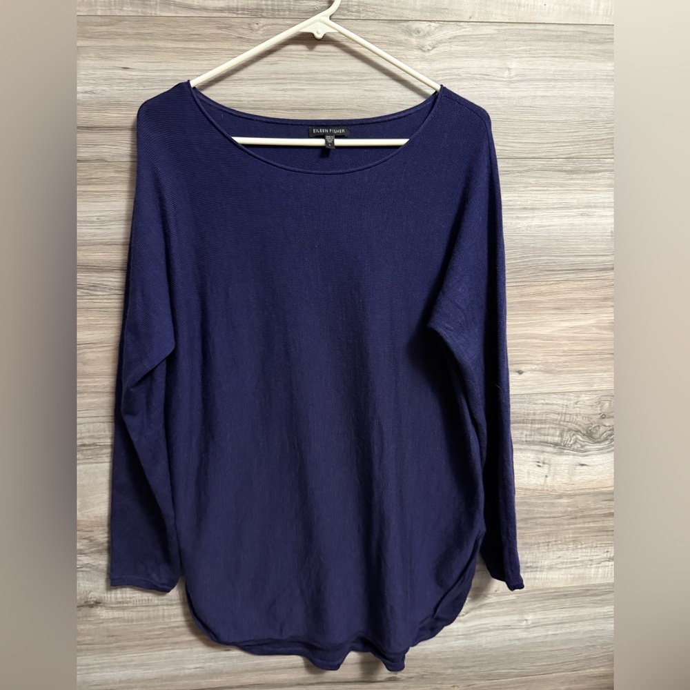 Eileen Fisher 100% Merino Wool Stretch Jersey Knit Crew Neck Long Top